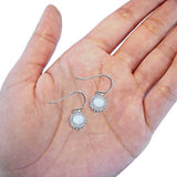 Halo Dangle Fish-Hook Earrings Round Lab Created White Opal 925 Sterling Silver (21mm)