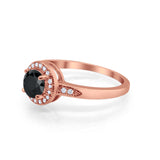 Halo Art Deco Engagement Ring Round Rose Tone, Simulated Black CZ 925 Sterling Silver