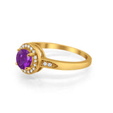 Halo Art Deco Engagement Ring Round Yellow Tone, Simulated Amethyst CZ 925 Sterling Silver