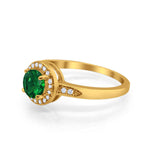 Halo Art Deco Engagement Ring Round Yellow Tone, Simulated Green Emerald CZ 925 Sterling Silver