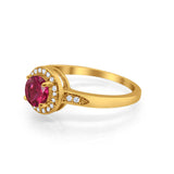 Halo Art Deco Engagement Ring Round Yellow Tone, Simulated Ruby CZ 925 Sterling Silver