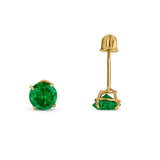 14k Yellow Gold Round Solitaire Stud Earrings with Screw Back Simulated Green Emerald Cubic Zirconia