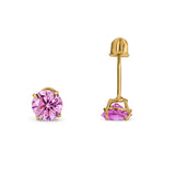 14k Yellow Gold Round Solitaire Stud Earrings with Screw Back Simulated Pink Cubic Zirconia