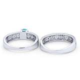Art Deco Two Piece Bridal Set Wedding Ring Band Round Simulated Paraiba Tourmaline CZ 925 Sterling Silver