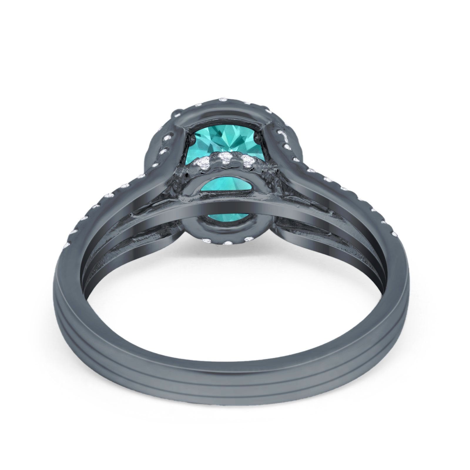 Halo Engagement Ring Accent Dazzling Black Tone, Simulated Paraiba Tourmaline CZ 925 Sterling Silver