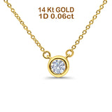14K Yellow Gold 0.06ct Round Shape Diamond Bezel Solitaire Pendant Chain Necklace 18" Long