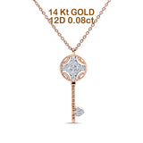 14K Rose Gold 0.08ct Round Shape Diamond Key Pendant Chain Necklace 18" Long