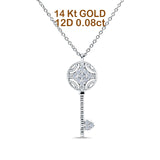 14K White Gold 0.08ct Round Shape Diamond Key Pendant Chain Necklace 18" Long