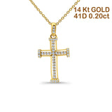 14K Yellow Gold 0.20ct Round Shape Diamond Cross Pendant Chain Necklace 18" Long
