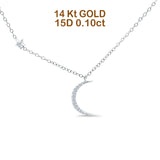 14K White Gold 0.10ct Round Shape Diamond Star Crescent Moon Trendy Pendant Chain Necklace 18" Long