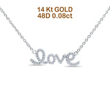14K White Gold 0.08ct Round Shape Love Script Heart Diamond Pendant Chain Necklace 18" Long