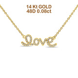 14K Yellow Gold 0.08ct Round Shape Love Script Heart Diamond Pendant Chain Necklace 18" Long