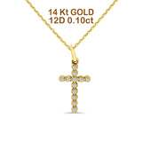 14K Yellow Gold 0.10ct Round Shape Diamond Cross Pendant Chain Necklace 18" Long