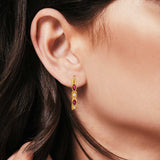 14K Yellow Gold Art Deco Hoop Earrings Marquise Round Simulated Ruby CZ