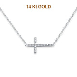 14K White Gold CZ Side Way Cross Necklace 17" + 1" Extension