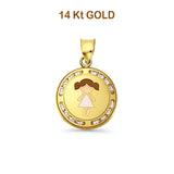 14K Yellow Gold CZ Enamel Girl Pendant 21mmX15mm 1.2 grams