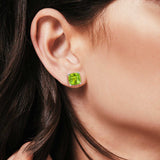 Solitaire Cushion Stud Earrings Simulated Peridot CZ 925 Sterling Silver