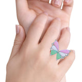 Butterfly Petite Dainty Thumb Ring Lab Created Pink, Green, White Opal Statement Fashion Ring 925 Sterling Silver