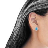 Halo Teardrop Pear Stud Earring Lab Created Blue Opal Solid 925 Sterling Silver (13mm)