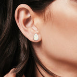 Teardrop Bezel Solitaire Pear Stud Earrings Lab Created White Opal 925 Sterling Silver (7mm)