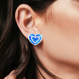 Heart Stud Earrings Lab Created Blue Opal 925 Sterling Silver (15mm)