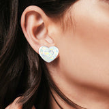 Heart Stud Earrings Lab Created White Opal 925 Sterling Silver (15mm)