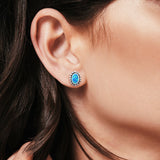 Flower Oval Shape Stud Earrings Lab Created Blue Opal 925 Sterling Silver (9mm)