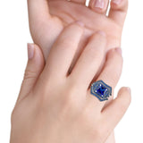 Three Piece Flower Princess Cut Wedding Ring Simulated Blue Sapphire CZ 925 Sterling Silver