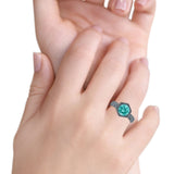 Art Deco Engagement Bridal Ring Hexagon Black Tone, Simulated Paraiba Tourmaline CZ 925 Sterling Silver