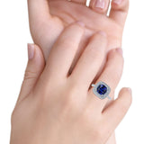 Halo Art Deco Cushion Cut Wedding Ring Simulated Blue Sapphire CZ 925 Sterling Silver