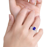 Two Piece Art Deco Emerald Cut Wedding Ring Simulated Blue Sapphire CZ 925 Sterling Silver