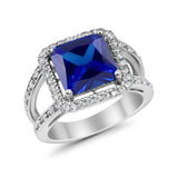 Halo Split Shank Engagement Ring Simulated Blue Sapphire CZ 925 Sterling Silver