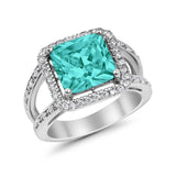 Halo Split Shank Engagement Ring Simulated Paraiba Tourmaline CZ 925 Sterling Silver