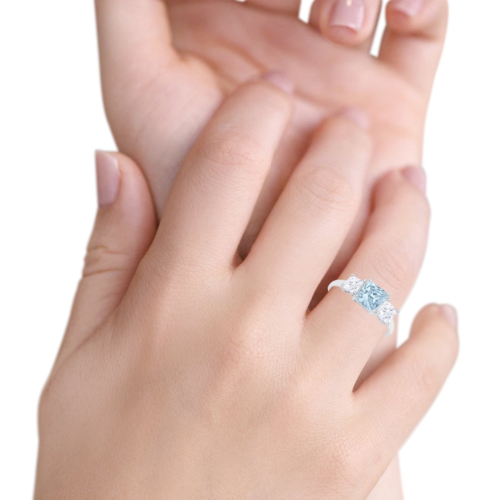 3 Stone Wedding Ring Princess Cut Simulated Aquamarine CZ 925 Sterling Silver