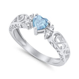 Filigree Heart Promise Wedding Ring Simulated Aquamarine CZ 925 Sterling Silver