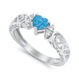 Filigree Heart Promise Wedding Ring Lab Created Blue Opal 925 Sterling Silver