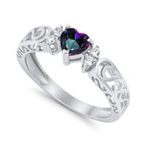 Filigree Heart Promise Wedding Ring 925 Sterling Silver Simulated Rainbow CZ