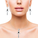 Cross Jewelry Set Pendant Earring Round Simulated Black Onyx 925 Sterling Silver