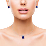 Princess Cut Jewelry Set Pendant Earring Simulated Blue Sapphire Cubic Zirconia 925 Sterling Silver