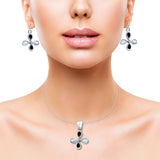 Clover Jewelry Set Pendant Drop Dangle Earring Created Opal Simulated Black Onyx 925 Sterling Silver