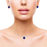 Jewelry Set Pendant Earring Round Simulated Blue Sapphire Cubic Zirconia 925 Sterling Silver