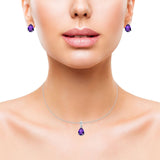 Art Deco Jewelry Set Pendant Earring Pear Simulated Amethyst Cubic Zirconia 925 Sterling Silver