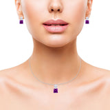 Pendant Earring Jewelry Set Princess Simulated Amethyst CZ 925 Sterling Silver