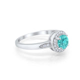 Halo Art Deco Engagement Ring Round Simulated Paraiba Tourmaline CZ 925 Sterling Silver