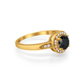 Halo Art Deco Engagement Ring Round Yellow Tone, Simulated Black CZ 925 Sterling Silver
