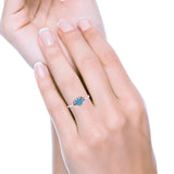 Flower Petite Dainty Thumb Ring Round Lab Created Blue Opal Statement Fashion Ring Oxidized 925 Sterling Silver
