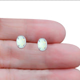 Art Deco Oval Stud Earring Created White Opal Solid 925 Sterling Silver (8mm)