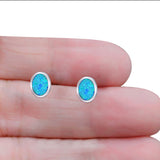 Oval Stud Earring Lab Created Blue Opal Solid 925 Sterling Silver (10mm)