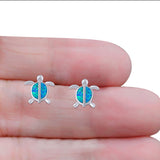 Turtle Stud Earring Lab Created Blue Opal Solid 925 Sterling Silver (14mm)