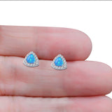 Halo Art Deco Trillion Triangle Stud Earring Lab Created Blue Opal 925 Sterling Silver (9mm)